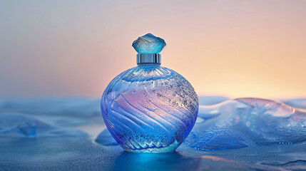 "An elegantly designed perfume bottle with intricate textures, shimmering under cool blue and purple lights, creating a sophisticated and ethereal ambiance."