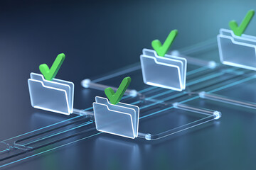 Digital data folders with glowing green checkmarks signifying successful organization and validation in a modern network system