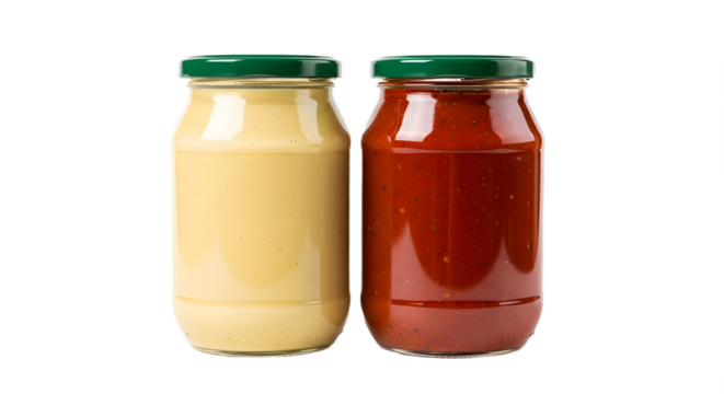 Two jars of condiments with green lids side by side on transparent background