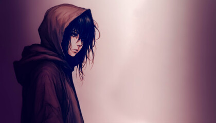 A digital painting depicting a young girl with black hair, wearing a brown hoodie, with a somber expression on her face against a monochrome purple background.