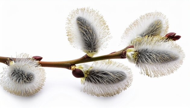 Willow Branch With Furry Willow Catkins Isolate On A White Background Clipping Path No Shadows Willow Twigs Goat Willow Salix Caprea Isolated On White Background