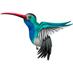 Pixel Art Hummingbird with Long Red Beak and Teal Blue Body in Mid-Flight Against a Transparent Background Detailed Feather Textures and Vibrant Colors