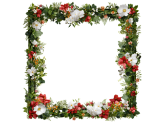 Floral frame with red white flowers and green leaves border, Isolated, Png Transparent Background