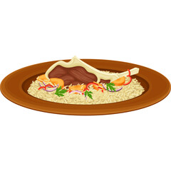 Pixel art illustration of a delicious lamb chop served with fluffy white rice garnished with shredded carrots red onions and fresh parsley on a brown plate