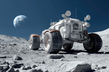 Futuristic Lunar Exploration Rover Vehicle Parked on the Moon Surface with the Blue Planet Earth Visible in the Sky
