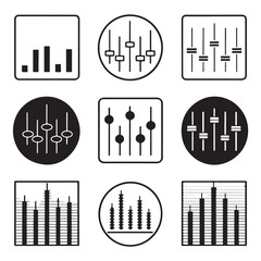 Audio Equalizer Sliders, A collection of black and white vector icons representing various designs of equalizer and volume sliders, in solid and outline styles (1).eps
