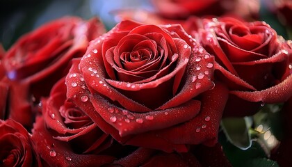Close Up Of Red Roses Bursting Into Bloom Dew Drops Visible Advertising Vivid Red Roses