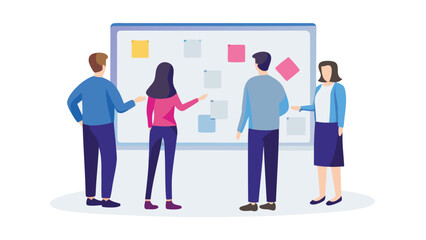 Diverse team collaborating around a large whiteboard with sticky notes and ideas during a business meeting or brainstorming session