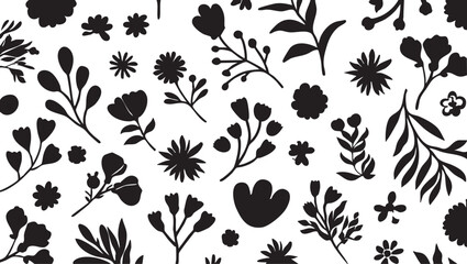 Black and white floral vector pattern: seamless flower and leaf design eps silhouette