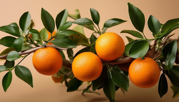 Close Up Of Ripe Organic Multiple Orange Fruits On Tree Branch On Beige Background - Powered by Adobe