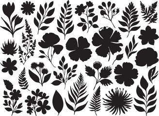 Black flower and leaf silhouettes vector pack - botanical design elements eps