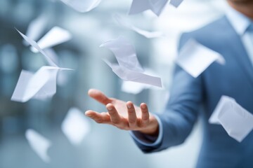 A businessman tosses papers into the air, celebrating relief and success after completing a major task.