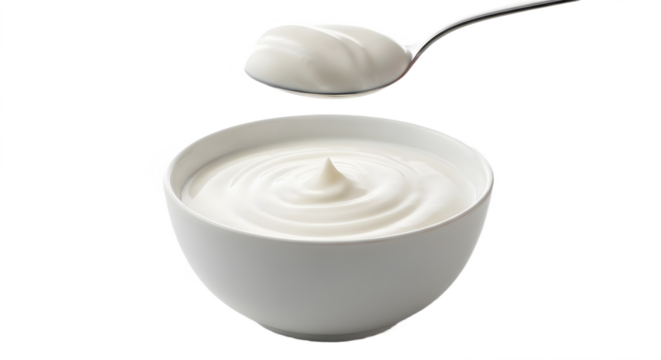A bowl of yogurt with a spoon above it in studio on transparent background