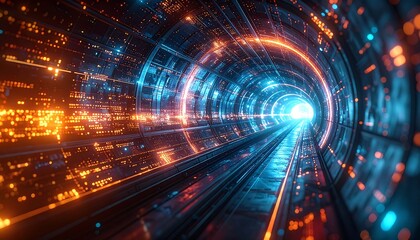 Futuristic Tunnel with Glowing Lights and Data Streams.