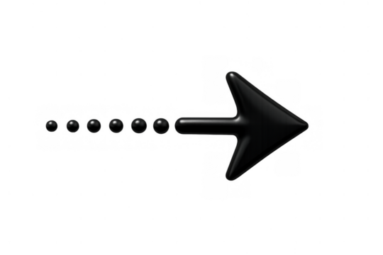 Glossy black 3d arrow with a trailing dotted line extending right, symbolizing direction, forward movement, and next. Transparent background - Powered by Adobe