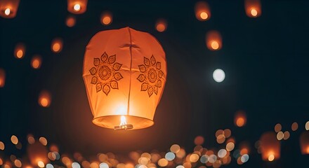 A glowing lantern floating in the night sky, cinematic bokeh and soft depth