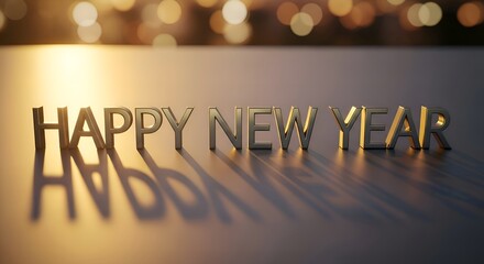 A minimalist metallic “Happy New Year” sign under cinematic golden light