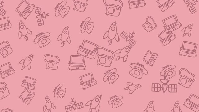 A playful pink background pattern featuring hand-drawn icons of rockets, satellites, laptops, and cameras.