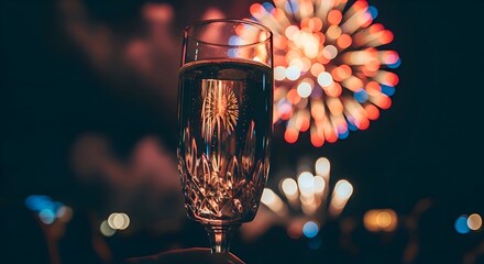 A crystal champagne flute catching reflections of fireworks, cinematic aesthetic tone