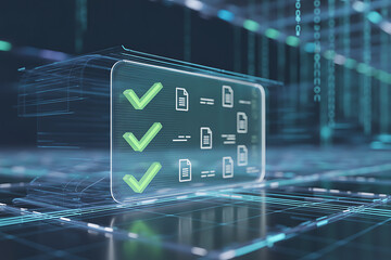 Digital checklist with vibrant green checkmarks and document icons on a futuristic interface, conveying progress and task completion.