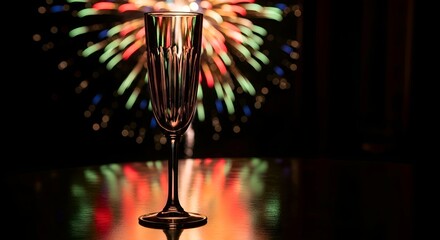 A champagne flute catching reflections of fireworks, cinematic tone