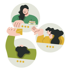 People and internet networks. Online chat and video call between friends,  family, coworkers Avatars in a circle. Vector illustration hand drawn.