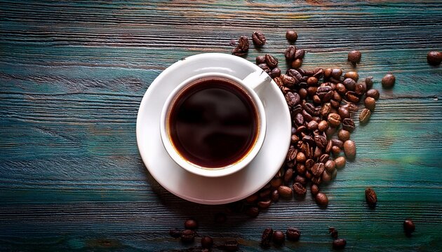 Coffee Mood Boost Style Cup Of Coffee With Coffee Beans On Rustic Wooden Surface