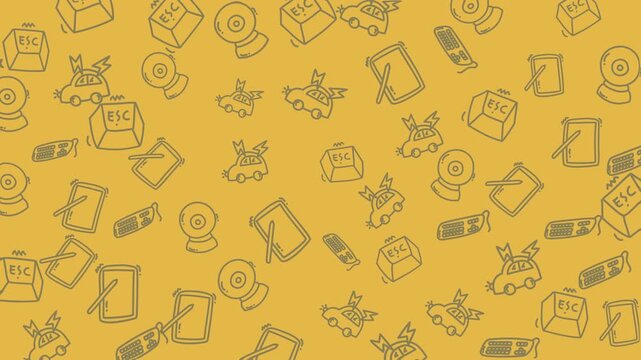 Repeating pattern of hand-drawn technology and office icons on a yellow background, including webcams, USB drives, ESC keys, and stylized cars.