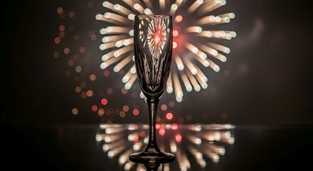 A crystal champagne flute catching reflections of fireworks, cinematic tone