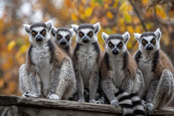 Obraz premium Five ring-tailed lemurs sit in a row against autumn foliage