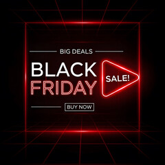 Obraz premium Glowing red neon frame surrounding Black Friday Big Deals text digital advertising square poster design template