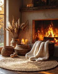 Cozy rustic living room with woven baskets, candles and roaring fireplace