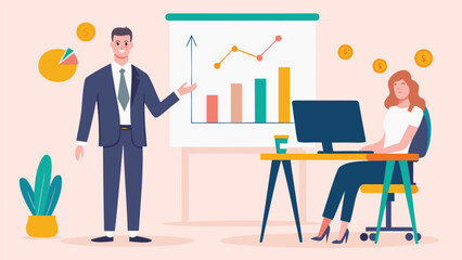 Fototapeta premium Business presentation with charts and graphs showing financial growth and a woman working at a desk with a computer