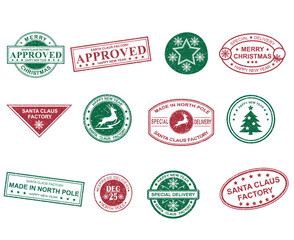 Christmas mail stamp vector illustration set. Santa Claus vintage postmark design, holiday winter mail. Xmas winter holiday festive postal tag for correspondence. New Year grunge postal label