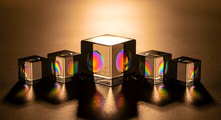 Illuminated optical prisms beautifully dispersing light into a vibrant spectrum, showcasing advanced physics of refraction and captivating visual science