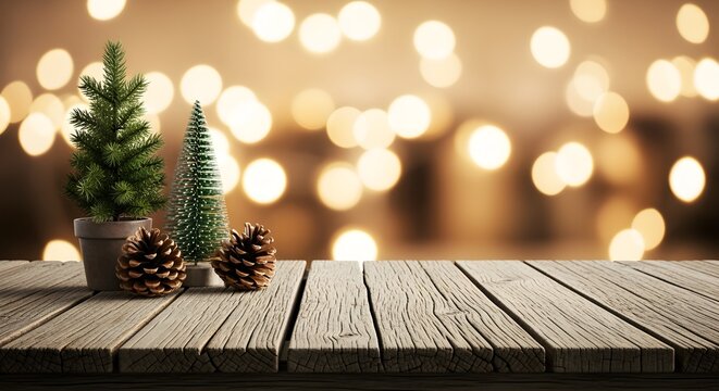 Cozy rustic wooden table with miniature Christmas trees and natural pinecones, illuminated by a blurred bokeh light background, ideal for festive seasonal product displays