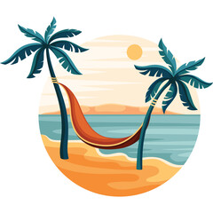 Pixel Art Tropical Beach Scene With Two Palm Trees And A Hammock Suspended Between Them Over The Sand With Ocean Waves And A Setting Sun In The Background