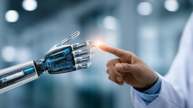 Close up human finger touching robotic finger in futuristic lab environment, highlighting collaboration between humans, machines. Scene conveys progress in robotics, AI integration