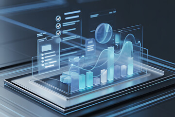 Dynamic holographic financial data visualization with real time analytics and futuristic charts for business intelligence and strategic planning