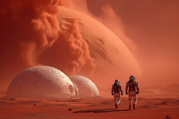 Two Astronauts Approaching Their Geodesic Dome Colony with a Giant Moon or Planet Looming in the Red Martian Sky