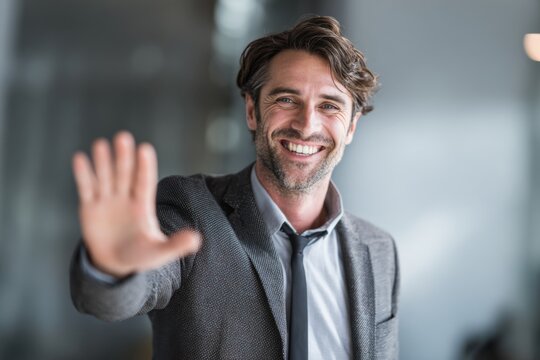 A cheerful businessman smiles warmly with open hands, showing friendliness and approachability in conversation.