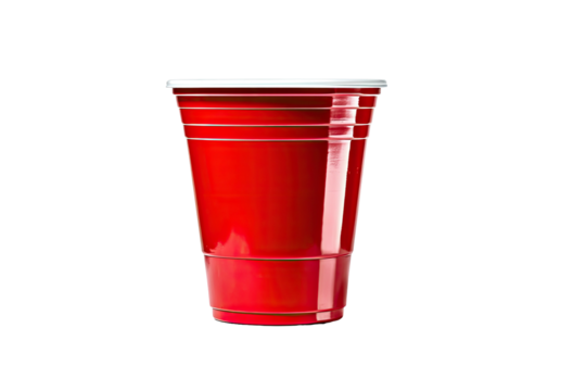A single, classic red plastic party cup against a black background