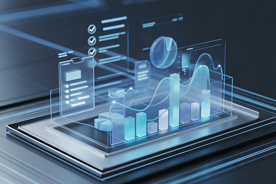 Dynamic holographic financial data visualization with real time analytics and futuristic charts for business intelligence and strategic planning