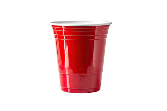 A classic red plastic party cup with white rim, isolated on black