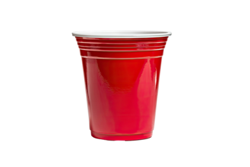 A single red plastic cup with white rim and stacked grooves