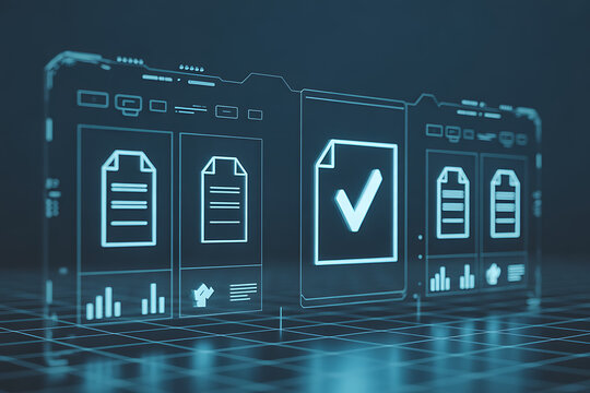Digital dashboard displaying approved documents and analytics, showcasing efficient data management and verification for modern business operations and success.