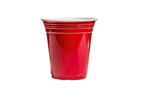 A single red plastic cup with white rim and stacked grooves