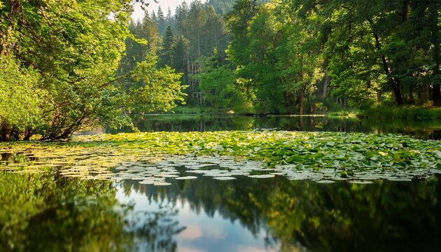 Tranquil Reflection Of Green Lily Pads On Calm Water Surface Surrounded By Lush Trees And Vibrant Nature In A Serene Natural Habitat