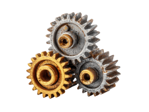 Interlocking metallic gears with golden and silver tones image, Isolated, Png Transparent Background