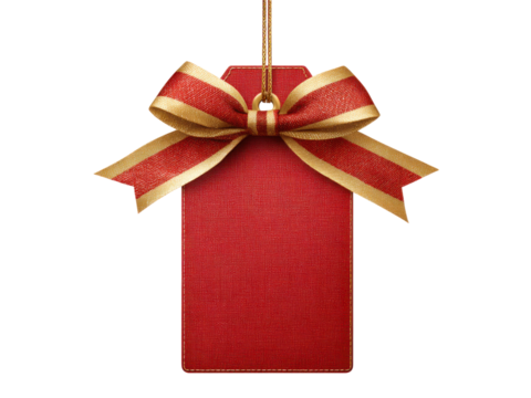 Red gift tag with golden striped bow image, Isolated, Png Transparent Background